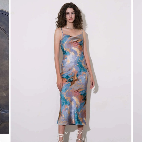 NEW WOMENS MICA ABSTRACT PRINT BACKLESS MIDI SLIP DRESS - Picture 3 of 10